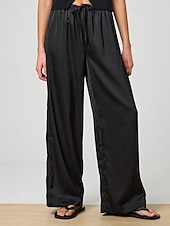 preiswerte weites Bein und hohe Taille-Damen Satinhosen Weites Bein Chinos Hosen Hose Streetwear Lässig Volle Länge Mittlere Taillenlinie Einfach Kordelzug Tasche Bequem Unelastisch Täglich Outdoor Schwarz Sommer Frühling Lässiger Schnitt