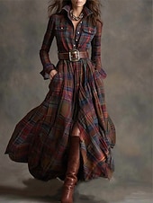 billiga Boho-klänning-Dam Maxiklänning Skiftklänning Semester Ledigt Boho Dagligen Normal Rutig Långärmad Kavajslag Blå Mörkgul Mörkgrön Svart Vår Höst Vinter