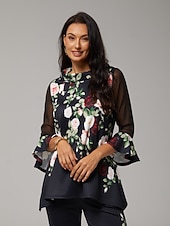 preiswerte Hemden, Tops und Blusen-Damen Bluse schwarz Blumendruck Stretch Chiffon Ärmel U-Boot-Ausschnitt lässig bequem Frühling Sommer Herbst Urlaub