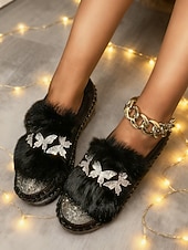 preiswerte Damen-Sneaker-Damen-Loafer mit Strass-Schmetterling und Kunstpelz – funkelnde Slipper für Partys und Club-Outfits &amp;Winter-Glamour-Stil