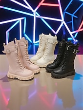 tanie Kozaki dziecięce-Buty dla dzieci w stylu koreańskiej gwiazdy popu inspirowane idolką - białe skórzane buty bojowe z paskiem na klamrę, idealne na występy, imprezy i do modnych stylizacji