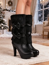 levne Sníh a zimní boty-Dámské bílé sněhule na vysokém podpatku z umělé kožešiny s mašlí - elegantní zimní obuv se zapínáním na zip, elegantní pro formální i sváteční příležitosti