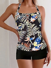 economico Tankini-Costume da bagno tankini da donna 2 pezzi pantaloni corti palma controllo pancia vita alta slinguato senza schiena vacanza in spiaggia scollatura a giro floreale senza maniche