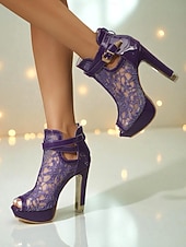 levne Peep Toe lodičky-Dámské fialové krajkové boty na platformě s otevřenou špičkou - sexy síťované kotníkové boty s přezkou na noční život a párty