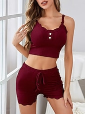 tanie Doły i topy do spania dla kobiet-Damskie Zestawy piżamowe Codzienny Wygoda Czyste kolory Elastyczny pas Bluzka na ramiączkach Krótkie spodnie Dom Codzienny Bez rękawów Paski Czarny Rumiany róż Wino Zielony Lato Wiosna Jesień