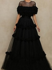 A-Line Floor Length Prom Dresses Elegant Short Sleeve Jewel Neck Formal Tulle with Pleats Ruffles