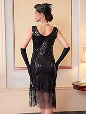 baratos Vestidos dos anos 1920-Conjunto Loucos anos 20 Anos 20 Até os Joelhos Vestidos Vestido melindroso Roupa com acessórios Sem Mangas O Grande Gatsby charleston Paetês Franjas Pena Decote V Fantasia Mulheres Carnaval Ano Novo