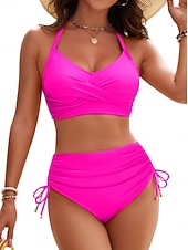 economico Bikini-Bikini da donna costume da bagno a 2 pezzi arricciato cheeky controllo della pancia vita alta slim schiena scoperta abbigliamento da spiaggia per vacanze colore solido scollatura a V costumi da bagno