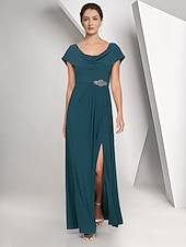 cheap Floor Length-A-Line Floor Length Wedding Guest Dress Chiffon Dress Formal Dresses Mother of the Bride Dress Cap Sleeve Crew Neck Elegant Simple Wedding Guest Semi Formal Chiffon with Crystals