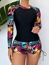 economico Tankini-Costume da bagno da donna tankini a 2 pezzi con pantaloni corti arricciati controlla pancia vita alta schiena scoperta abbigliamento da spiaggia per le vacanze costumi da bagno senza maniche a collo