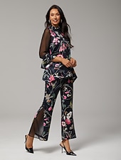  damesbroek stretchstof bloemenprint chiffon transparante panelen uitlopende pijp elastische taille elegant comfortabel dagelijks werk herfst