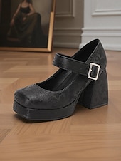 billiga Pumps med blockklack-Gröna blommiga platåskor i konstläder med Mary Jane-spänne för kvinnor - vintageklackar från 1950-talet för formella tillfällen, fester och bröllop