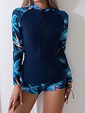 Недорогие Танкини-Женский танкини из 2 предметов купальник с молнией спереди пальмы шорты контроль живота высокая талия узкий спина без бретелек пляжная одежда цветочный листья высокий вырез длинные рукава