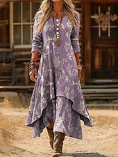 abordables Robes fleuries élégantes-Femmes Robe Midi Robe fourreau Occasionnel Quotidien Fête Coupe régulière Fleuri Graphique manche longue Col ras du cou Jaune Violet Automne Hiver