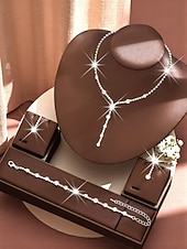 abordables Collier pour femme-Ensemble de bijoux pour femme en strass dorés : collier élégant en forme de Y et boucles d’oreilles pendantes &amp;Bracelet, accessoires en cristal étincelants pour bals de fin d'année et fêtes