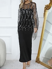 halpa Naisten puseropuvut-Naisten Hame setit Bolero toppi Pitkähihainen Pyöreä kaula-aukko Yhtenäinen väri Paljetti Tupsu Tyylikäs Aktiivinen Juhla Cocktailjuhla Juhla / cocktail Musta Kevät Normaali