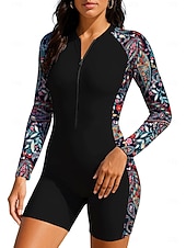 cheap One Pieces Rash Guards-Women's Rash Guard Dive Skin Suit Bathing Suit Swimsuit Set Paisley Folk Zip Up Removable Pad Front Zip UV Sun Protection UPF50+ Ultra Light (UL) Long Sleeve Swimwear Sun Shirt Surfing Beach Water