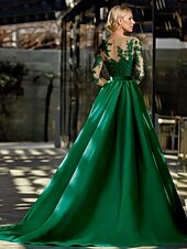 voordelige Vloerlengte-A-lijn Strijksleep Bruiloft gast jurk Formele jurk Avondjurk Moeder van de bruid jurk Lange mouw Met sieraad Elegant Zijdeachtig Kerstmis Formeel Satijn met Appliqués