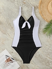 billige Onepiece badedrakter-Dame Én Delt Badedrakt Slankende Fargeblokk Monokini Høy Utskjæring Magekontroll Høy Midje Slim Ryggløs Elegant Ferie Fargeblokk Halterneck Ermeløs Badedrakt