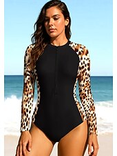 baratos Rash Guards de Uma Peça-Mulheres Segunda-pele para Mergulho Roupa de banho Conjunto de maiô Leopardo Zip Up UPF50+ Secagem Rápida Leve Manga Longa Camisa de Natação Surfe Praia Esportes Aquáticos Verão
