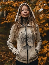 economico Top Viking-Per donna Felpe con cappuccio Cerniera Tasca Stampato Grafico Plaid Moda Western Casual Manica Lunga Con Cappuccio Top Regolari Casuale Streetwear Abbigliamento Quotidiano Grigio chiaro Grigio scuro