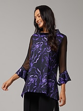 cheap Shirts,Tops &amp; Blouses-Women's Blouse Black Floral Print Stretch Chiffon Sleeves Bateau Neckline Casual Comfortable Spring Summer Fall Vacation