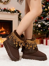 cheap Snow &amp; Winter Boots-Women's Beige Faux Fur Snow Boots with Rhinestone Tassel Fringe – Warm Platform Ankle Booties for Winter Parties, Christmas &amp; Holiday Fashion