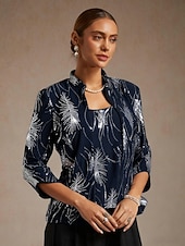 halpa Naisten puseropuvut-Naisten Pusero Mekkoiset topit Paljetti Kirjailtu Sulka Tyylikäs 3/4 hiha Pystykaulus Tavalliset topit Iltajuhlat Häävieras Laivaston sininen Kevät Syksy Talvi