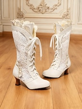 cheap Victorian &amp; Edwardian-Women's White Lace-Up Vintage Lace Boots with Heel – 1920s Elegant Victorian Style, Perfect for Formal Events, Weddings and Vintage Fashion Lovers