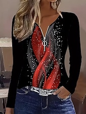 voordelige Kunst &amp; Design t-shirt-Dames T-shirt Vetoketju Afdrukken Grafisch Geometrisch Abstract Vintage Modieus Stijlvol Lange mouw Strakke ronde hals Normale tops Dagelijks Rood Lente Herfst Winter