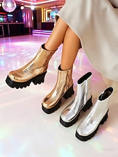 baratos Estilo Disco &amp; Hippie dos anos 70-Botas femininas prateadas metalizadas com plataforma, salto grosso e zíper - estilo disco dos anos 80, calçado moderno para festas e eventos de dança.