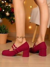 cheap 1950s Retro-Women's 1950s Vintage Red Mary Jane Pumps with Double Straps – Comfortable Block Heels for Christmas, Holiday Parties and Office Wear