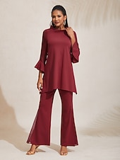 economico camicie, top e camicette-camicetta da donna in chiffon elasticizzato rosso natalizio, patchwork, manica 3/4, scollo a barca, primavera autunno