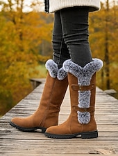 Недорогие Модные сапоги-Женские красные зимние сапоги из искусственной замши - высокие сапоги до колена с отделкой из искусственного меха и пряжкой на ремешке, стильная теплая рождественская обувь для улицы и повседневной