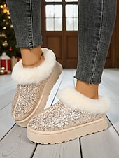 economico Stivali di neve e inverno-stivali da neve da donna con paillettes rosa e colletto in pelliccia sintetica: stivaletti invernali scintillanti alla moda per un comfort casual