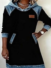 お買い得  スウェットシャツ &amp; パーカー ドレス-女性用 ミニドレス パーカードレス カジュアルドレス ファッション 近代の 日常 アウトドア バケーション レギュラー 平織り 長袖 フード付き ブラック ホワイト イエロー グリーン 秋 冬