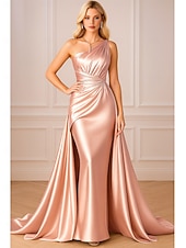 abordables Vestidos de gala-Corte Trompeta Sirena Hasta el Suelo Vestidos de noche Vestido de baile con sobrefalda Vestimenta formal Elegante Vestido negro Sin Mangas Un Hombro Boda Formal Vestido rosa Satén elástico con Plisado