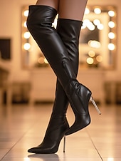 Χαμηλού Κόστους Μπότες μόδας-Γυναικείες μαύρες μπότες στιλέτο πάνω από το γόνατο - κομψές μπότες πάρτι με ψηλές τιράντες από τεχνητό δέρμα και μυτερή μύτη για βραδινή έξοδο