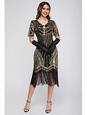 preiswerte 1920er Kleider-Goldene Zwanziger 1920er Knielang Flapper Kleid Kurze Ärmel Der große Gatsby Pailletten Fransen V Ausschnitt Kostüm Damen Weihnachten Karneval Flüsterkneipe Maskerade Retro-Mottoparty Erwachsene