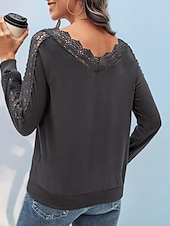 abordables T-shirt uni-Femmes Chemisier Dentelle Patchwork Uni Actif Occasionnel manche longue Col en V Hauts Réguliers Quotidien Fête Sortir Vert Emeraude Gris foncé Été Automne