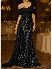 cheap Ball Gown Evening Dresses-Mermaid Trumpet Sweep Brush Train Evening Gown Ball Gown with Overskirt Formal Dress Elegant Glittering Sparkle Sleeveless Off Shoulder Wedding Formal Satin Sequined with Glitter Pleats