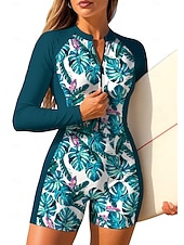 baratos Rash Guards de Uma Peça-Mulheres Padrão Anti Atrito Maiô de surfe de uma peça Roupa de banho Floral Tropical Bloqueio de cores Zip Up Com sutiã embutido Bojo Removível Proteção Solar UV UPF50+ Ultra Leve (UL) Manga Longa