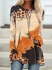 Χαμηλού Κόστους Τέχνη &amp; Σχεδίαση μπλουζάκι-Γυναικεία Μπλουζάκι Στάμπα Γραφική Γεωμετρία Βίντατζ Στυλάτο Καθημερινό Μακρυμάνικο Στρογγυλή Ψηλή Λαιμόκοψη Μακριές μπλούζες Καθημερινά Θαλασσί Πορτοκαλί Γκρίζο Φθινόπωρο Χειμώνας