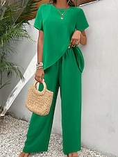 Недорогие Женские блузки-костюмы-Жен. Футболка Комплекты брюк Болеро Топ С короткими рукавами Вырез под горло Круглый вырез Сплошной цвет Мода Уличный стиль Повседневные на открытом воздухе Отпуск Красный Темно синий Зеленый Лето