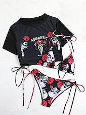 Недорогие Комплект бикини из 3 предметов-Женский бикини купальник из 3-х предметов юбка стройный без спины для отдыха на пляже череп завязки на шее короткие рукава