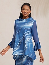 baratos camisas, tops e blusas-Blusa feminina azul estampa floral chiffon elástico mangas decote barco casual confortável primavera verão outono férias