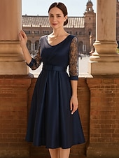 billige Te Lengde-A-Line Te Lengde Festkjole Cocktailkjole Bryllupsgjesterkjole Mor til bruden kjole 3/4 Lengde Ermekraft Crew Neck Elegant Vintage Fest med Blonder Folds