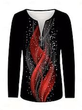 voordelige Kunst &amp; Design t-shirt-Dames T-shirt Vetoketju Afdrukken Grafisch Geometrisch Abstract Vintage Modieus Stijlvol Lange mouw Strakke ronde hals Normale tops Dagelijks Rood Lente Herfst Winter