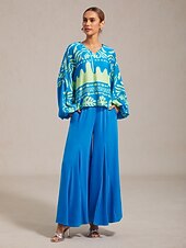 abordables camisas, tops y blusas-Top de mujer de satén azul con estampado floral de vacaciones, manga farol, cuello en V, informal, para primavera y otoño