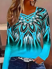 levne Tričko s pruhy a geometrickým vzorem-Dámské Tričko Vystřižený Tisk Grafika Geometrický Abstraktní Vinobraní stylové Klasické Dlouhý rukáv Do V Běžné topy Denní Vodní modrá Rubínově červená Jaro Podzim Zima